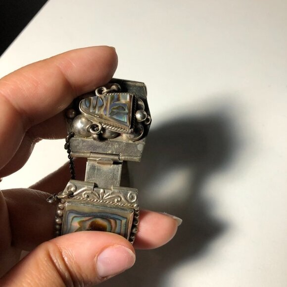 Vintage Sterling Silver Panel Bracelet Abalone Aztec Taxco Mexico Eagle Head - Picture 8 of 15